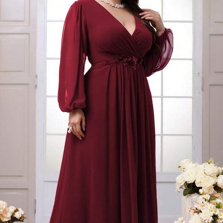 Plus Size Women's Flowing Long Dress, V-Neck Lantern Sleeve, Flared Silhouette, Suitable For Evening Events, Christmas Party, New Year Dress, Wine Red Dress Wedding Spring - Burgundy - View 6