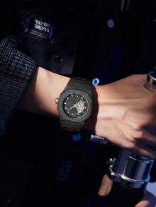 TOMI 机械表盒套装，精致简约商务风格男士手表，哑光油胶表带混合刻度机械表，时尚男士手表套装适合日常生活、节日礼物、父亲节、万圣节 - 黑色 - 查看 5