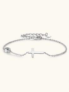 XUJIA 1pc 925 Sterling Silver 4mm (0.3 Carat) Round Cut Moissanite Bracelet, Classic Cross Design Bracelet, Women's Daily/Birthday/Anniversary Jewelry Gift