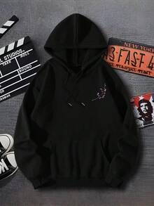 1pc Sudadera con Capucha Casual de Poliéster para Hombre con Ligera Elasticidad, Sudadera con Capucha de Ajuste Holgado con Diseño de Flor de Cerezo Impreso en Frente y Espalda, Tejido de Punto con Bolsillos para Otoño/Invierno - Negro - Ver 5