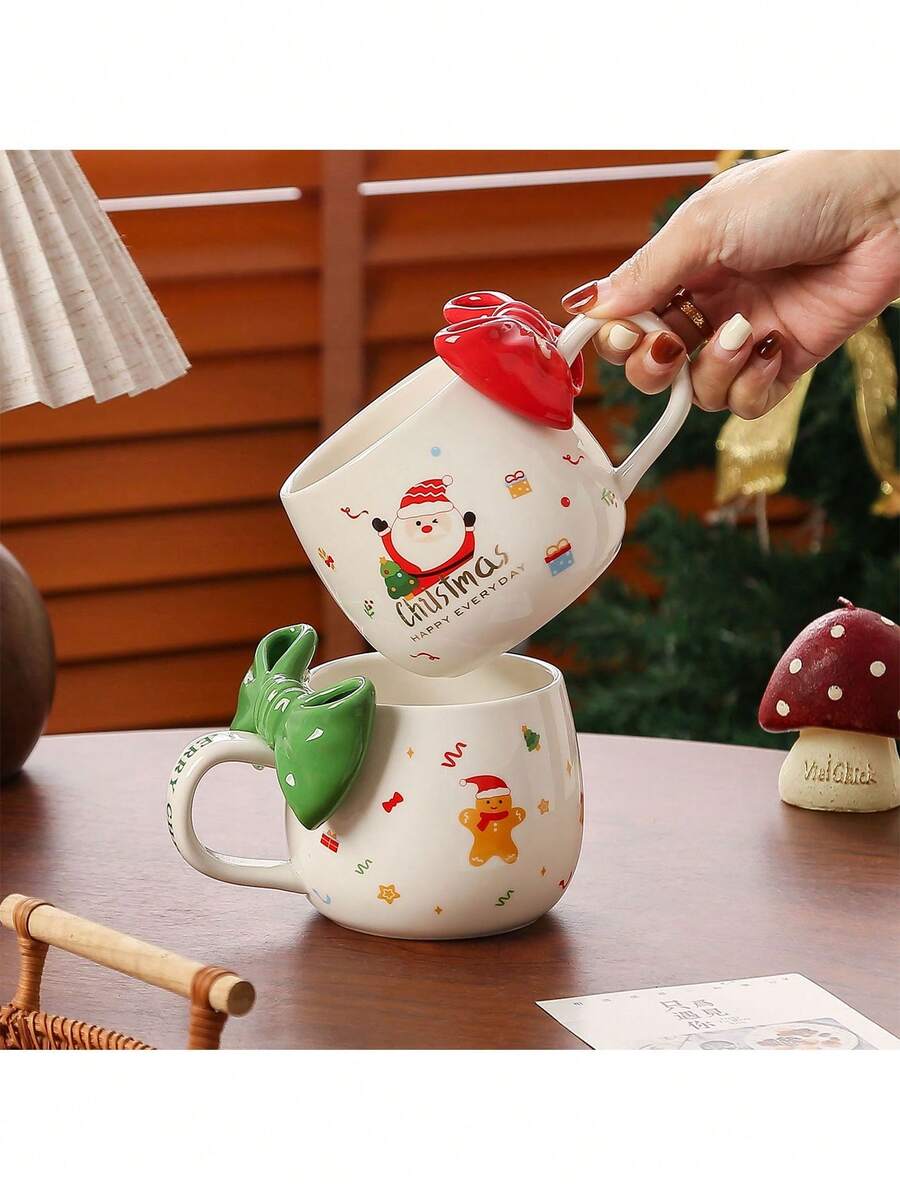 1 pièce Tasse avec nœud de Noël, réutilisable et lavable. Tasse à café/lait, convient comme cadeau pour Noël, Nouvel An, Thanksgiving, anniversaire et fête. Peut être utilisée comme outil de service de boissons dans les cafés, cuisines et restaurants.