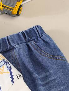 2 件套幼儿男童工程车印花长袖 T 恤和破洞牛仔裤套装，春秋季 - 白色 - 查看 7