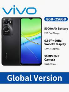 vivo Y36C 智能手机 6.56 英寸高清+显示屏 5000mAh 电池 8GB RAM 256GB ROM Android 13 50MP AI 三摄像头双 SIM 卡 4G LTE 手机快速充电面部解锁指纹传感器。 - 黑色 - 查看 1
