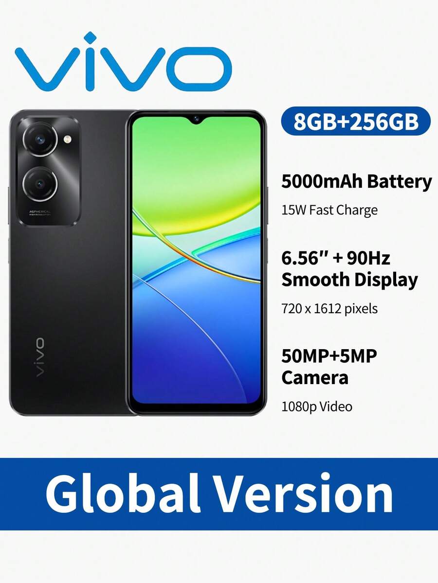 vivo Y36C 智能手机 6.56 英寸高清+显示屏 5000mAh 电池 8GB RAM 256GB ROM Android 13 50MP AI 三摄像头双 SIM 卡 4G LTE 手机快速充电面部解锁指纹传感器。 - 黑色 - 查看 1