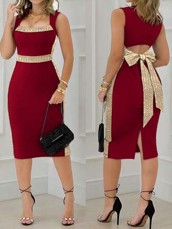 ChicMe Women Square Neck Sleeveless Hollow Back Sequin Waist Bowknot Slit Midi Dress Sexy Elegant Bodycon Cocktail Evening Party Outfit For Night