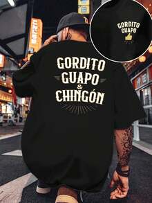 Camiseta Gordito Guapo Chingón Camiseta de algodón puro de 220 g/m2 con cuello redondo, informal, moderna y con estampado de doble cara para hombre (1 unidad) - Negro - Ver 1