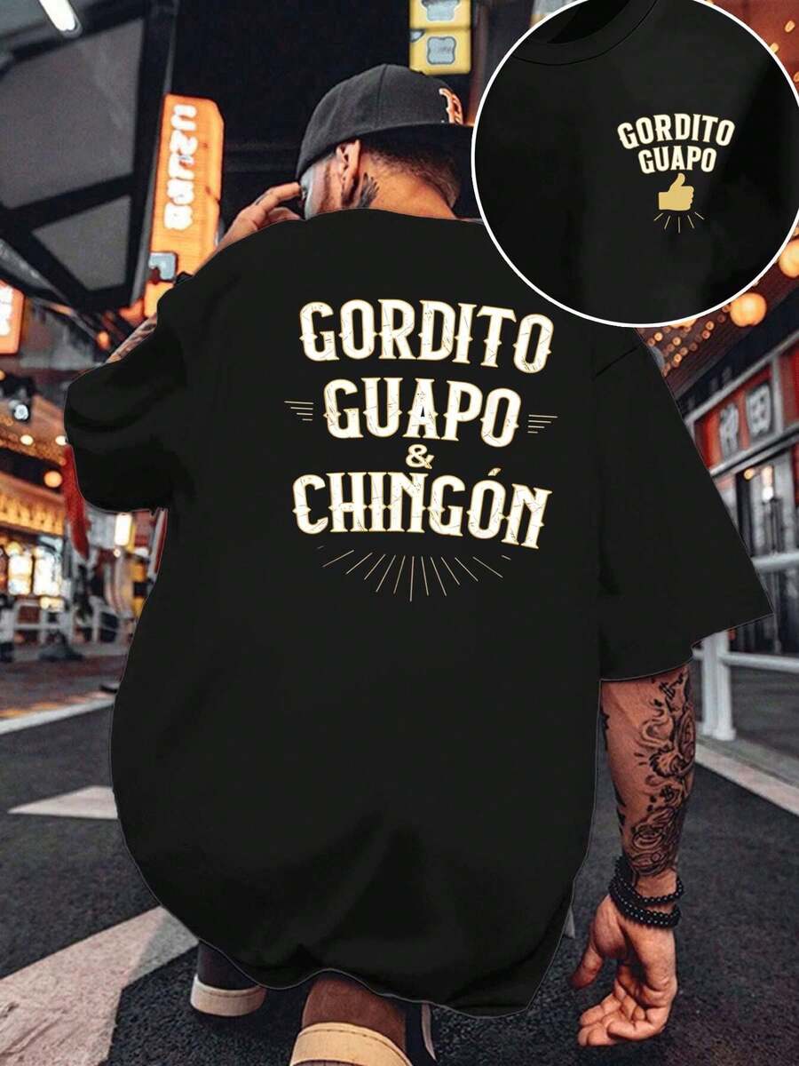 Camiseta Gordito Guapo Chingón Camiseta de algodón puro de 220 g/m2 con cuello redondo, informal, moderna y con estampado de doble cara para hombre (1 unidad) - Negro - Ver 1