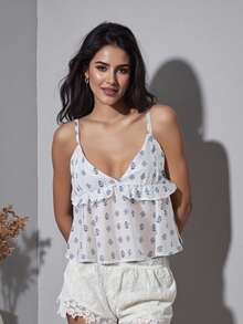 Women V Neck Camisole Hollowed Flower Spaghetti Strap Backless Ruffle Tops Summer Streetwear - Beige - View 3