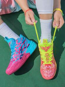 Men's Fashion Shock-Absorbing Sports Shoes, Graffiti Teenager Basketball Shoes - Comfortable, Breathable, Non-, Shock-Absorbing Sports Shoes, Suitable For Training, Running And Walking (Handpainted Uneven, Camouflage Asymmetrical Pattern) (Left And Right Foot Colors Are Random, Left Foot Yellow Or Right Foot Yellow) - 鴛鴦(黃蘭) - 查看 7