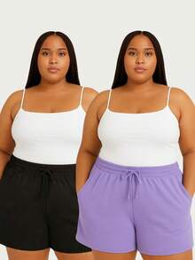 Kit 2 Shorts Plus Size Duna Fabric Women's Comfort, Lightness And Basic Style Everyday - 黑色和淡紫色 - 查看 1