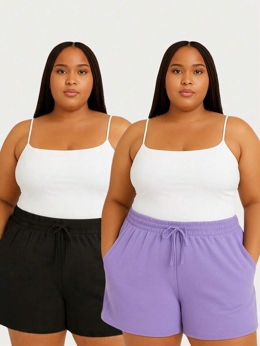 Kit 2 Shorts Plus Size Duna Fabric Women's Comfort, Lightness And Basic Style Everyday - 黑色和淡紫色 - 查看 1