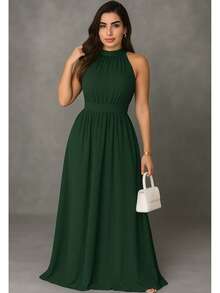 Bridesmaid Dress For Party Guests, Reception, Graduation, Without Shine In Flutter, High Collar Without Shine - Màu xanh lá cây đậm - Xem 1