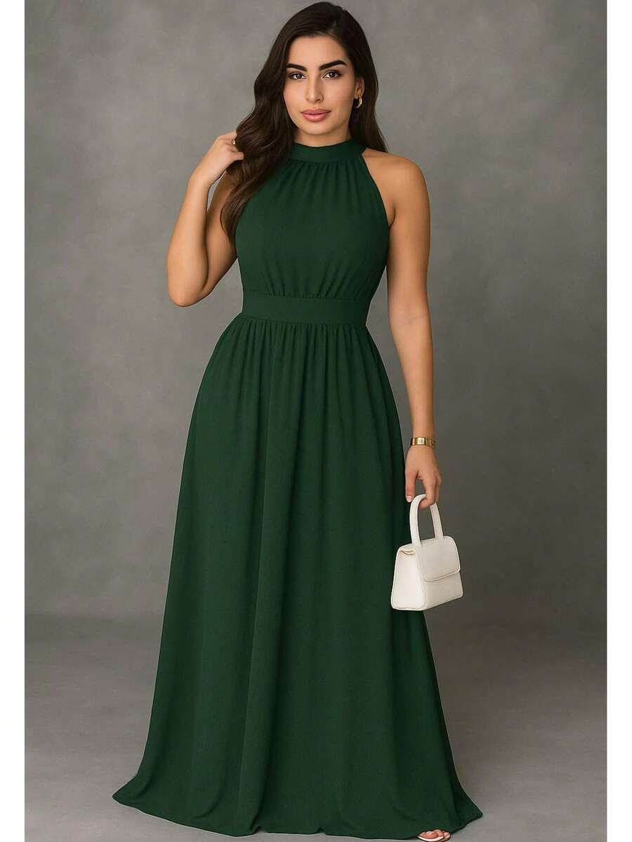 Bridesmaid Dress For Party Guests, Reception, Graduation, Without Shine In Flutter, High Collar Without Shine - Màu xanh lá cây đậm - Xem 1