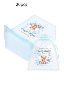 20 pièces Sacs de remerciement avec petits oursons bleus et roses pour bonbons, petits cadeaux avec cordon de serrage, fournitures d'emballage pour fête, organza et tulle pour maquillage