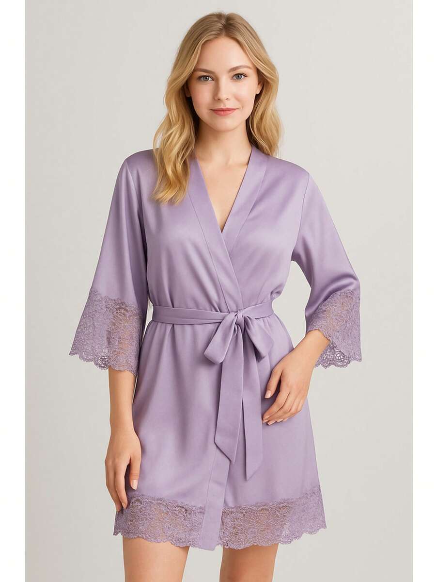 Women's Robe Lace Bathrobe Luxury Contrast Hobby Romantic Lingerie Honeymoon Bride Comfortable - 紫丁香色 - 查看 1