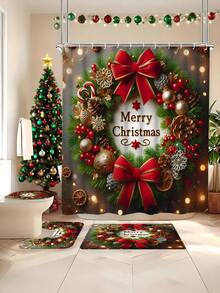 1/3/4 Stücke Weihnachts Duschvorhang Set, Weihnachts Schleife und Geschenk Muster bedruckter Badezimmer Fenster Duschvorhang Set, Badezimmer Set beinhaltet rutschfeste Badematte, U-förmige Toilettenvorleger, Toilettendeckel Abdeckung und Duschvorhang Zubehör, geeignet für Badezimmer Dekoration, Heimdekoration und Duschdekor, Feiertags Geschenk, Feiertags Dekoration, Weihnachtsdekoration