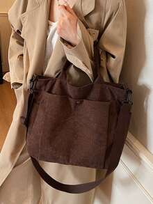 灯芯绒多口袋女士复古手提包，简约单肩/斜挎包，学生书包，办公手提包，大容量可折叠购物袋 - 棕色 - 查看 3