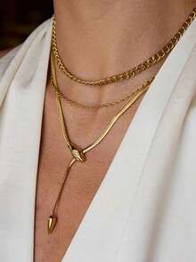 Simple Classic Zirconia Serpentine Necklace 18K Gold Color Plated Stainless Steel Serpentine Chain Stackable Chain Women's - Gold - View 2