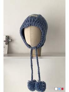 1 件马海毛面料小标志绒球针织护耳帽，适合女士，秋冬，厚实保暖的捕兽帽，可爱百搭