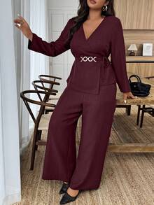 2pcs Plus Size Urban Chic V-Neck Metal Buckle Decor Long Sleeve Set, Solid Color, Palace Style, Suitable For Spring/Summer, Valentine's Day, Elegant Lady, Summer Holiday, Wedding & Events, Outing, Vacation, Beach, Spring Break - Red - View 5