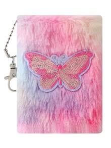 1pc Cartoon Kitten Plush Notebook, Cute Mini Portable Pocket Notepad, Furry Plush Diary For Girls, Children Writing Book, School Bag Pendant Gift , Back To School Gifts