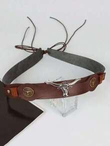 1 件牛仔帽，男士时尚亮面心形冠宽边 PU 皮革牛仔帽，个性化西部牛仔帽，搭配个性化腰带和金属牛头装饰，适合户外活动、派对，男女通用 - 彩色 - 查看 6