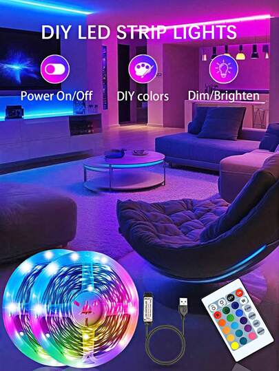 LED灯带，智能RGB LED变色灯，适用于卧室，RGBLED灯带，24键遥控器和USB控制，适用于客厅、厨房、家庭聚会装饰、卧室装饰、家居装饰