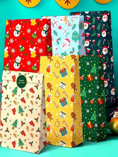 12pcs Christmas Gift Bags With Santa Claus Reindeer Christmas Tree Snowman Design Christmas Party Supplies Christmas Gift Packaging Bags Party Gift Packaging Paper Bags