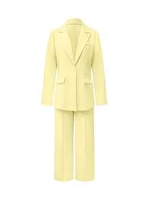 2pcs Solid Color Button Women's Suit Set, Suitable For Office And Daily Wear, All Seasons - 黃色 - 查看 2