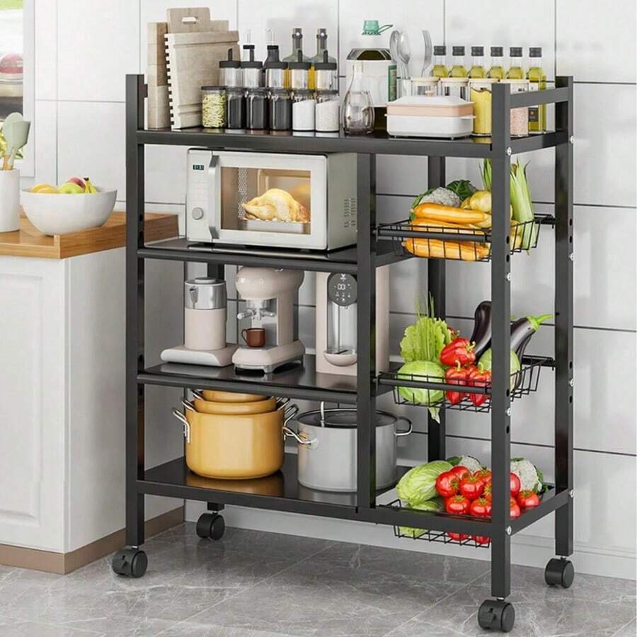 Adjustable 4-Tier Metal Storage Rack With 3 Baskets, Vertical Organizer Shelf For Kitchen, Bathroom, Garage