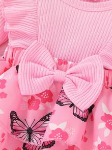 2pcs Set, Casual, Elegant, Sweet, Cute, Baby Girl Dress, Infant Romper, Autumn/Winter Clothing, Soft & Comfortable, Bow Decor, Patchwork Butterfly Print Ruffle, Layered, Dress Romper & Bow Headband