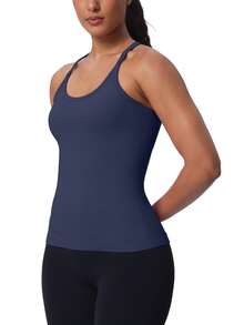 MathCat Workout Tank Tops For Women Built In Shelf Bras Padded -Racerback Athletic Tank Tops Ribbed Yoga Shirts - màu xanh hải quân - Xem 2
