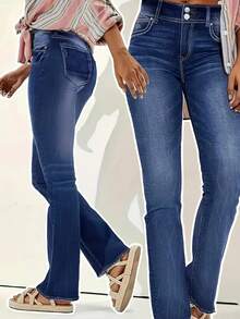 Women's Casual Fit Straight Leg Jeans, Paired With Multiple Button Decorations, Suitable For All Seasons, Suitable For Daily Outings, Parties, Vacations, Festivals, Rural Concerts - 薄荷藍 - 查看 1