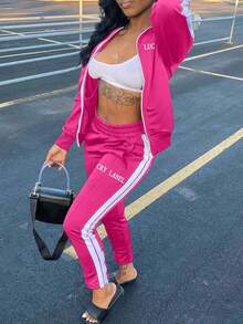 Spring & Autumn Casual Letter Embroidered Zipper Sports Jacket And Pants Set Music Festival , Rock ,Punk, Goth