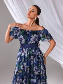 Women's Random Floral Print Dress, Minimalist Daily Wear, Off Shoulder Short Sleeve Maxi Dress With Waist Drawstring Detail, Elegant & Soft Suitable For Vacation, Daily Occasions, Summer - Blue - View 10