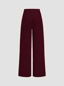 欧美时尚女式休闲条纹高腰阔腿直筒裤 春季款 - 酒紅色 - 查看 2