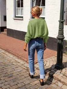 Women's Knitted Crew Neck Long Sleeve Cardigan, Button Detail Design, Minimalist Classic Casual Style, Suitable For Daily Wear, Autumn/Winter Sweater - Olive Green - View 2