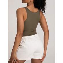 Women Rib Tank Top Padded Workout Top Square Neck Crop Tank Fitted Basic Cami Tops - Olive Vibe - View 4
