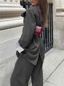2 件套纯色双扣腰带套装，时尚日常、约会、办公室穿着，春秋季 - 灰色 - 查看 2