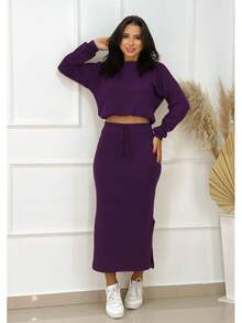 Women's Winter Set: Blouse And Woolen Skirt - 玫瑰紅 - 查看 2