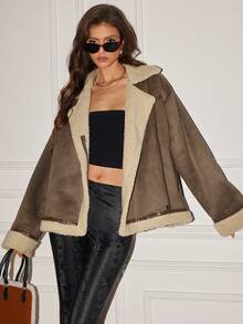 女士休闲直肩翻领扣宽松长袖金属拉链口袋常规棉夹克厚衬里派克大衣，秋冬 - 棕色 - 查看 5