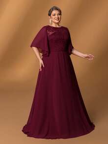 Faeriesty Mosy ​Elegant Plus-Size Round Neck Ruffled Sleeve A-Line Mother Of The Bride Dress | Lace Embellished Formal Gown For Wedding Ceremonies, Grand Galas, Upscale Banquets, Formal Dinners & Luxury Receptions​