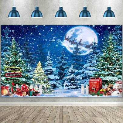 1 Stück Weihnachts-Nacht Winterwunderland Thema Wandteppich Banner 82.7 * 59.1/59.1 * 39.4/39.4 * 29.5 Inches Winterliche Weihnachts-Nacht Dekoration für Weihnachtsfeier, Silvester, Fotografie Requisiten, Fotostudio Requisiten, Restaurant Dekorationen, Party Dekorationen