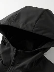 Men Hooded Long Sleeve Jacket With White Stripe Decor, Zipper Closure, Suitable For Sports Or Casual Wear, Fall - Black - View 3