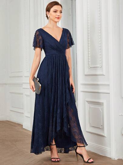 Women V-Neck Lace Elegant Ruched Bust Ruffle Trim Wrap Hem Chiffon Bridesmaid Dress Wedding Guest Gown For Wedding, For Valentine's Day