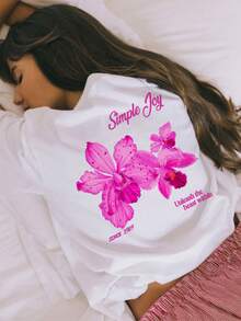 Women's Colorful Letter & Floral Print Round Neck T-Shirt, Fashionable & Versatile, Women's Vacation Pattern T-Shirt - White - View 3