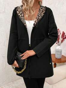 Women's Reversible Hooded Zip-Up Jacket, Leopard Print & Solid Black Casual Long Parka Coat, Suitable For Daily Wear And Travel, Autumn