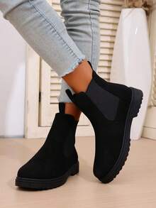 New Autumn Women's Chunky Heel Short Chelsea Boots, Inner Increased Height, Western Style Side Zipper - Black - View 6