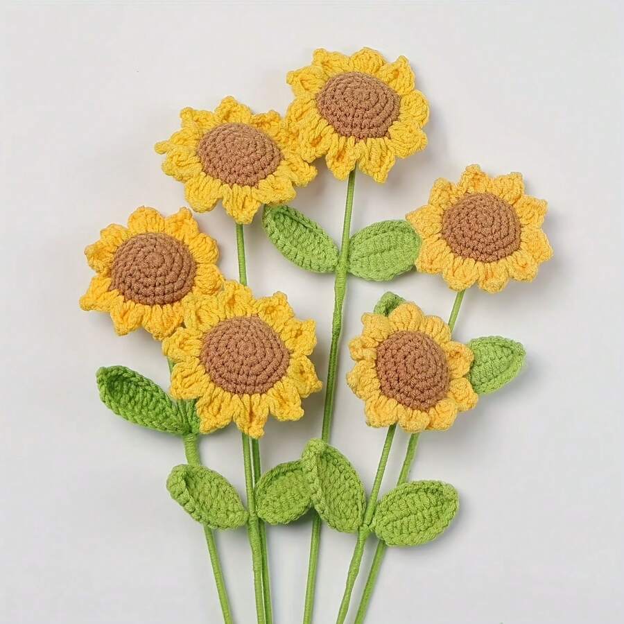 1pc/6pcs/10pcs Handmade Crochet Sunflower Bouquet, Eternal Artificial Woven Sunflowers, Knitted Lifelike Sunflowers, Everlasting Flowers, Best Gift For Christmas, Birthday, Wedding, Graduation, Teacher's Day. Suitable For Home Decor In Restaurant, Room, Bedroom, Holiday Gifts And Halloween Party Decoration