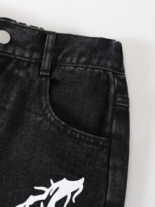 男童休闲街头风闪电雪花印花水洗黑色直筒牛仔裤，春夏新款 - 黑色 - 查看 5